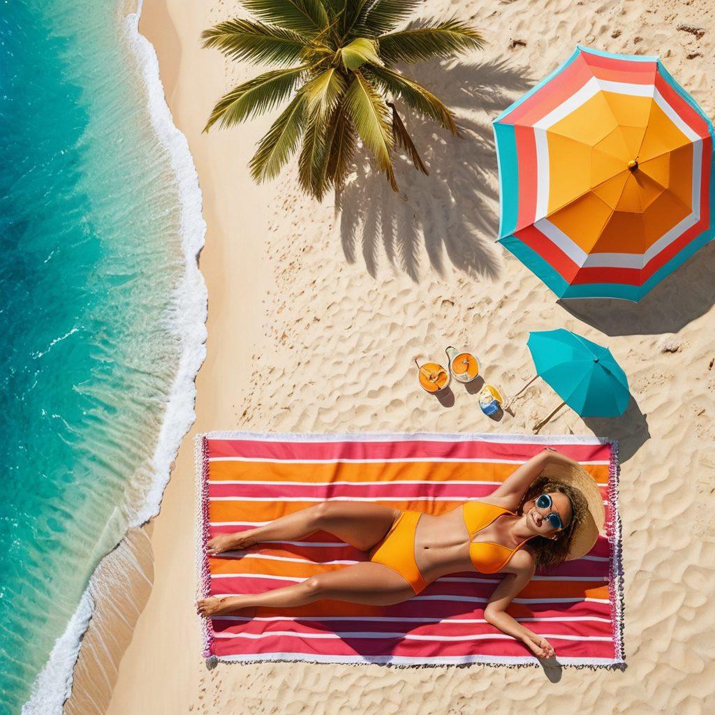 A stylish summer beach scene featuring a diverse group of women in chic and cute swimwear, lounging under colorful umbrellas, sipping refreshing drinks, and playing beach volleyball. The background showcases sandy shores and vibrant turquoise waters, with a bright sun shining down creating an inviting atmosphere. Include playful beach accessories like sunglasses, wide-brimmed hats, and beach towels. vibrant colors. 3D.