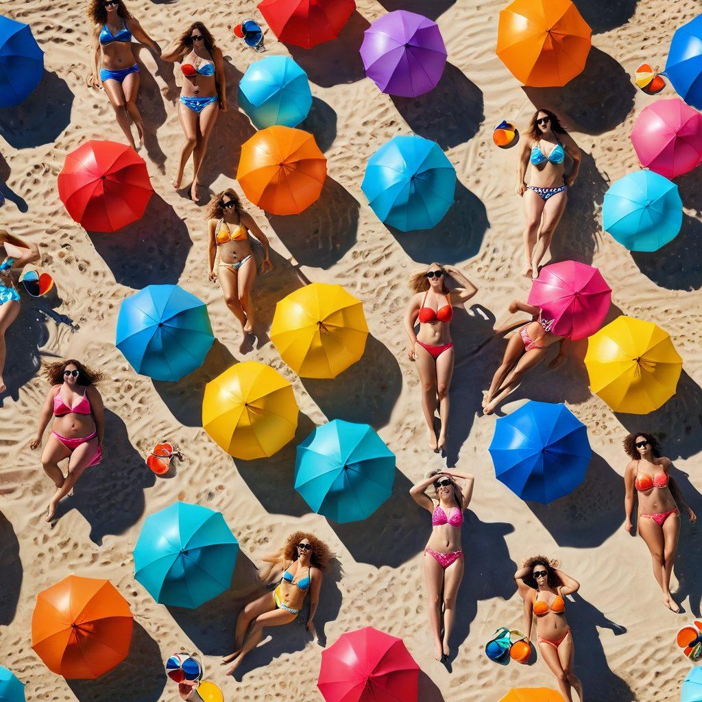 A vibrant beach scene featuring diverse women of different body types confidently wearing various styles of bikinis. Include colorful beach umbrellas, sunbathers, and playful ocean waves in the background. Emphasize joy and body positivity with warm sunlight reflecting on the water. Add playful beach accessories like sunglasses and beach balls for a fun atmosphere. super-realistic. vibrant colors. beach setting.